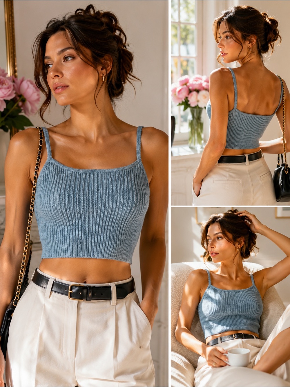 Lou & Grey Blue Ribbed Knit Cropped Cami Tank Merino Wool Blend Size Large
